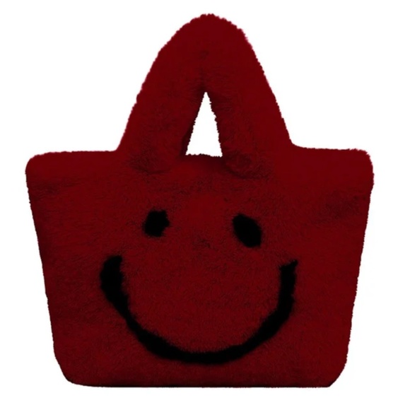 Handbags - Faux Fur Y2K Plush Smiley Bag w/ Chain - Burgundy